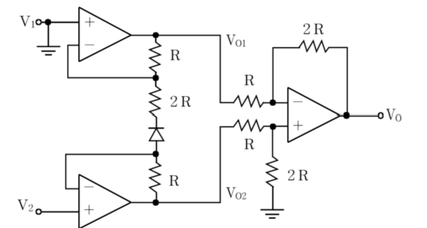 2012년 국가직 9급 전자공학개론 6번 다단 OP-Amp 및 다이오드 회로도